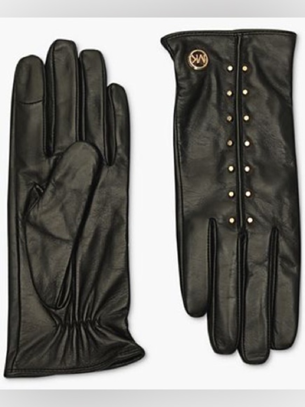 Michael Kors Black Leather Gloves with Gold Studs & Logo